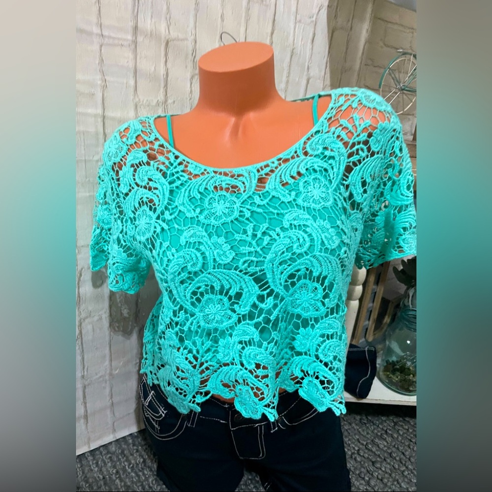 Women’s Wet Seal Crochet Crop Turquoise Sweater Jr L NEW!